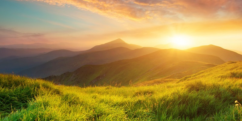 field and mountains at sunset