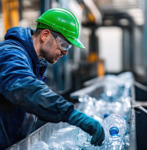 Worker looks through waste