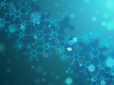 Abstract teal molecular network graphic representing chemical compounds