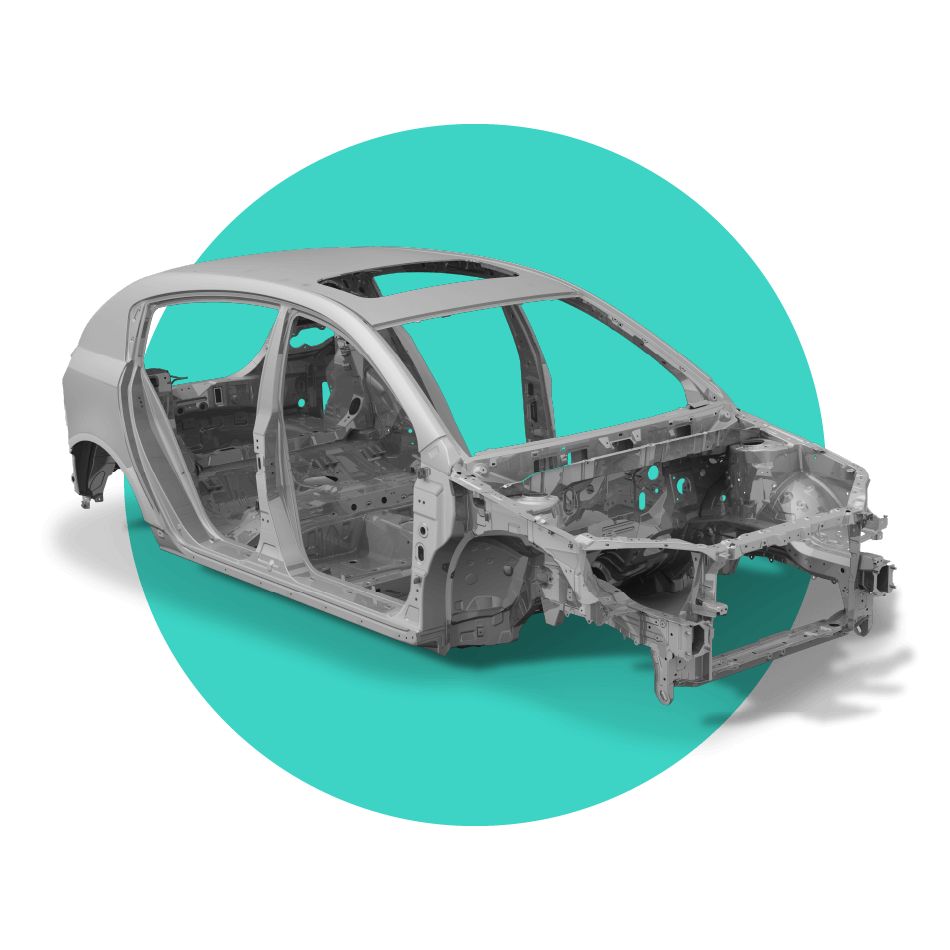 Metal car shell over turquoise circle