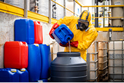 Worker in hazmat suit handles chemicals.
