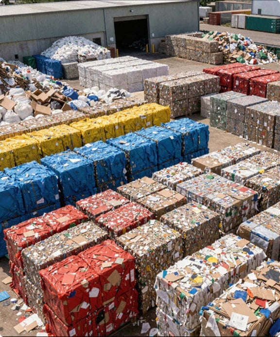 Bales of waste organized outside a facility.