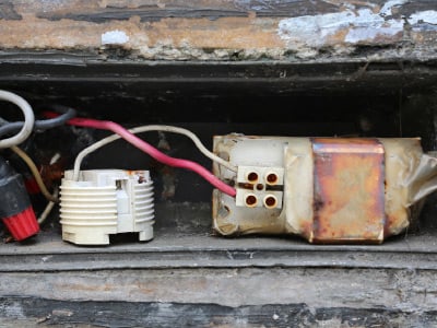 An old, electrical ballast lies with exposed wire
