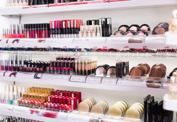 shelves of cosmetics in a beauty aisle